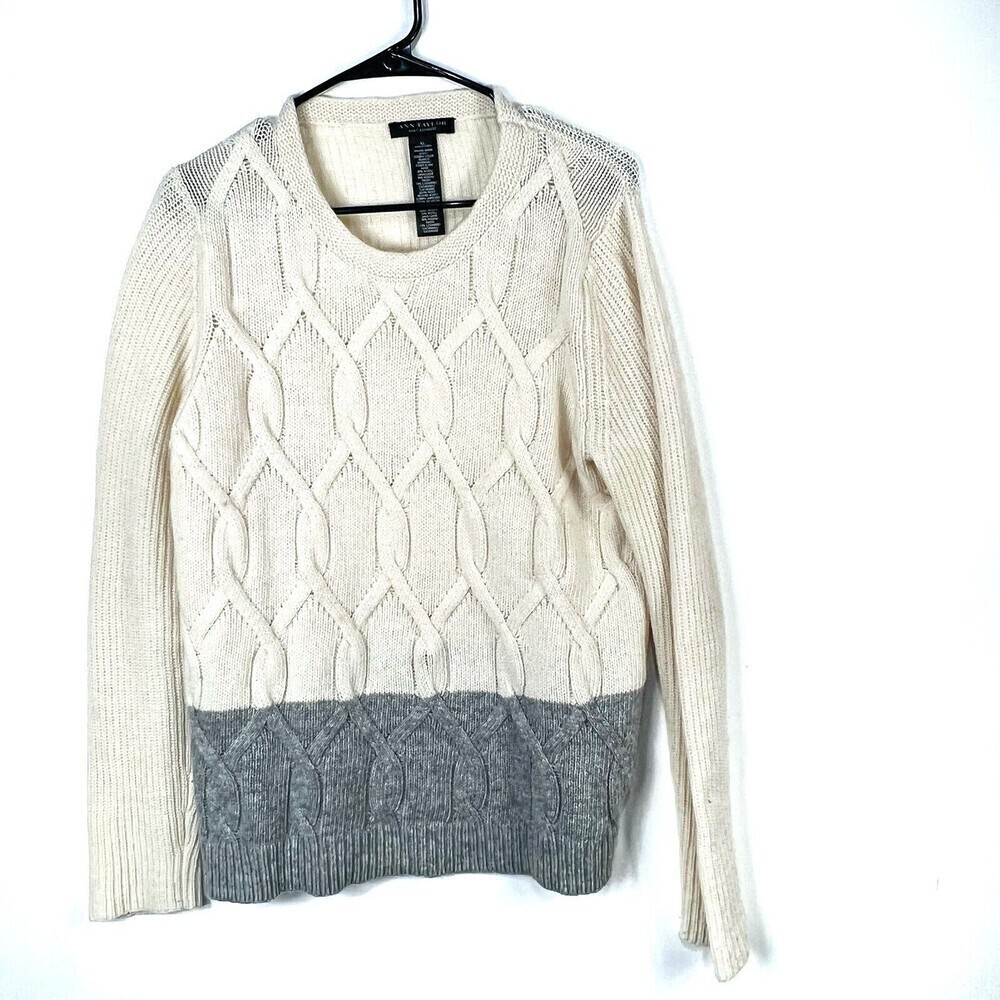 ANN TAYLOR Wool Cashmere Blend Sweater Size XL Cable Knit Chunky White Gray‎